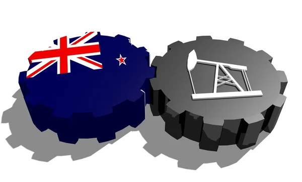 Flaga Narodowa Nowej Zelandii i modelu 3d derrick na koła zębate — Zdjęcie stockowe