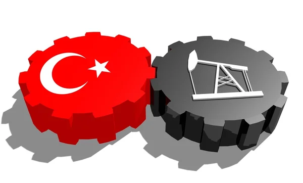 National flag of turkey and 3d derrick model on gears — Stock Photo, Image