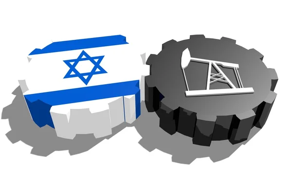 Bandiera nazionale di Israele e 3d derrick modello su ingranaggi — Foto Stock