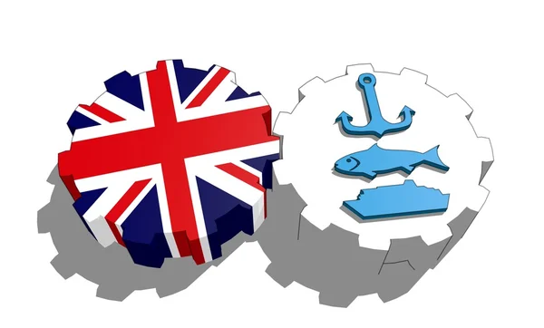 National flag of the united kingdom and ship, fish, anchor icons on gears — Stock Photo, Image