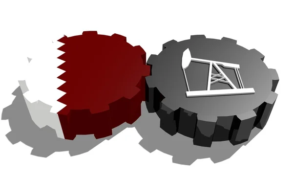 National flag of qatar and 3d derrick model on gears — Stock Photo, Image