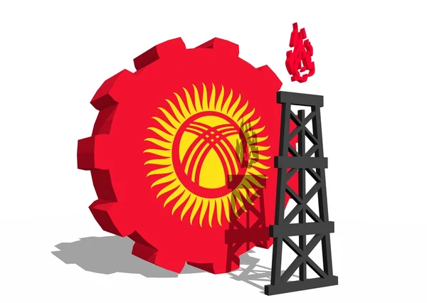 Государственный флаг Кыргызстана на передаче и 3D модель газовой буровой установки вблизи — стоковое фото