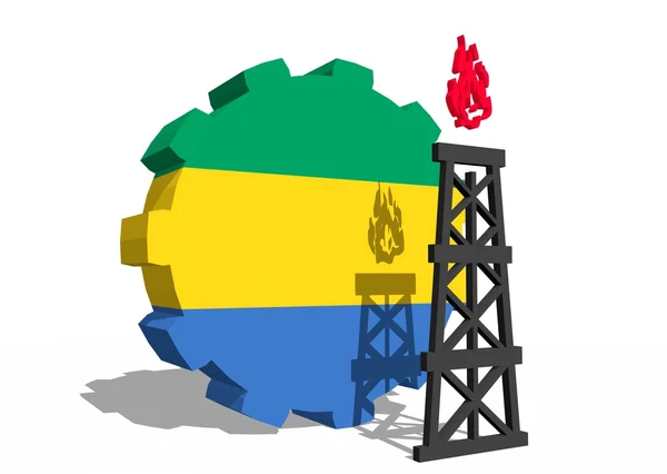 Gabon national flag on gear and 3d gas rig model near — Stock Photo, Image