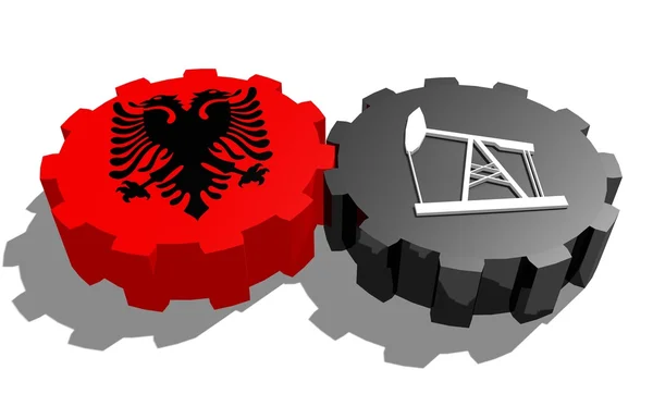 National flag of albania and 3d derrick model on gears — Stock Photo, Image