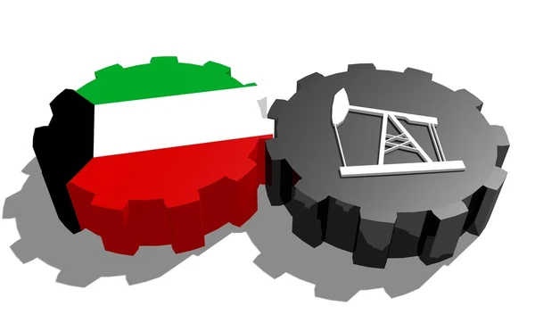 National flag of kuwait and 3d derrick model on gears — Stock Photo, Image