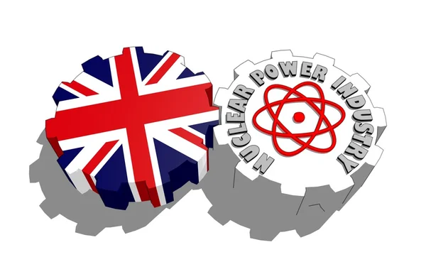 Große britische Nationalflagge und Atomenergie-Symbol auf den Zahnrädern — Stockfoto