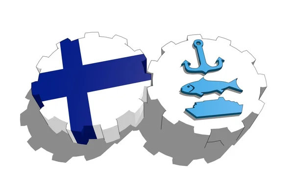 Nationella flagga finland och fartyget, fisk, ankare ikonerna på gears — Stockfoto