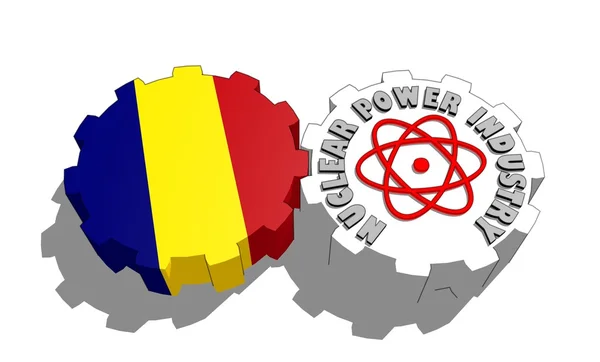 Rumunsko národní vlajky a atom energii symbol na Ozubená kola — Stock fotografie