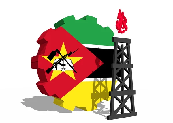 Mozambique national flag on gear and 3d gas rig model near — Stock Photo, Image