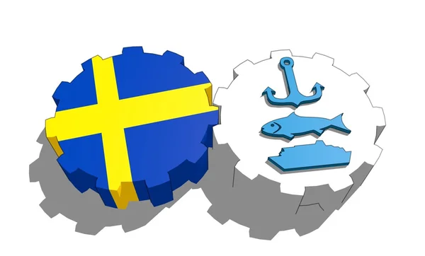 Nemzeti zászló, Svédország és a hajó, hal, horgony ikon fogaskerekek — Stock Fotó