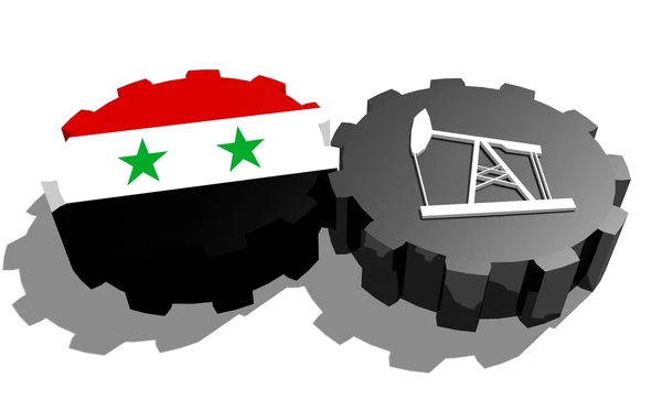 Syrien och 3d derrick modell på gears nationella flagga — Stockfoto
