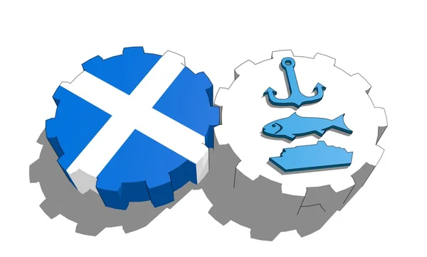 Bandera nacional del escocés y el buque, peces, iconos de ancla en los engranajes — Foto de Stock