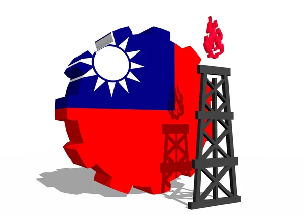 Drapelul național al Taiwanului pe unelte și modelul 3d al platformei de gaz în apropiere — Fotografie, imagine de stoc