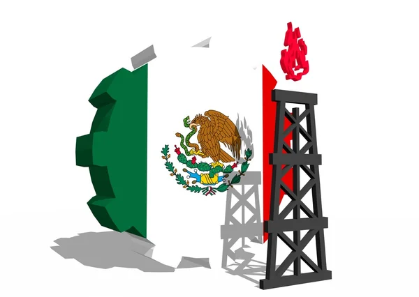 Mexico national flag on gear and 3d gas rig model near — Stock Photo, Image