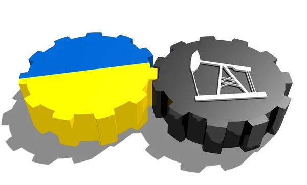 Nationalflagge der Ukraine und 3D-Derrick-Modell auf Zahnrädern — Stockfoto