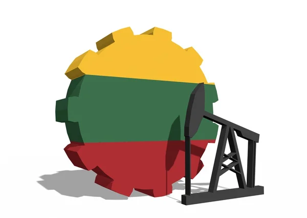 Lithuania national flag on gear and 3d derrick model near — Stock Photo, Image