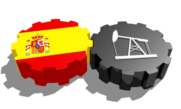 Bandera nacional de España y modelo de derrick 3d en engranajes — Foto de Stock