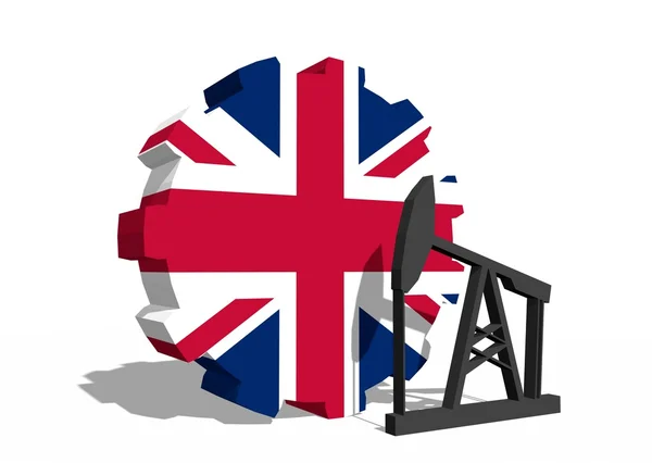 Reino Unido bandera nacional en el engranaje y 3d derrick modelo cerca — Foto de Stock