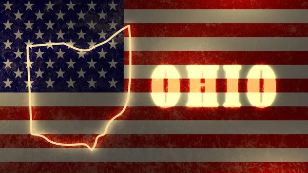 Neon shining outline map of the state on usa national flag backdrop — Stock Photo, Image