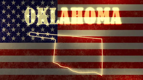 Neon leuchtende Umrisskarte des Staates auf dem Hintergrund der US-Nationalflagge — Stockfoto