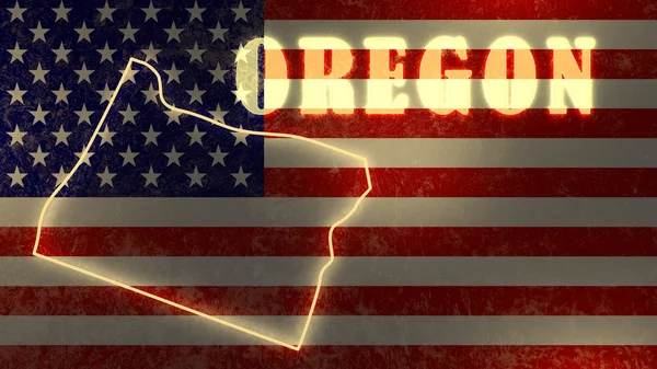 Neon leuchtende Umrisskarte des Staates auf dem Hintergrund der US-Nationalflagge — Stockfoto