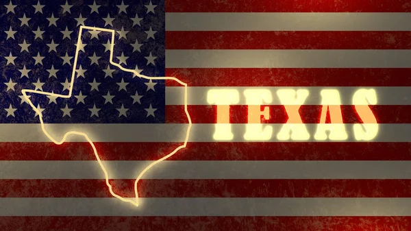 Mapa de contorno brilhante néon no pano de fundo da bandeira nacional dos EUA — Fotografia de Stock