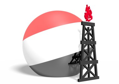 Küre ve 3d gaz sondaj platformu modeli yakınındaki Yemen bayrağı