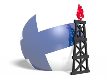 Küre ve 3d gaz sondaj platformu modeli yakınındaki Finlandiya ulusal bayrak