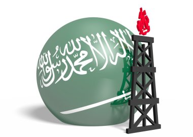 Küre ve 3d gaz sondaj platformu modeli yakınındaki Suudi Arabistan bayrağı