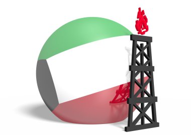Küre ve 3d gaz sondaj platformu modeli yakınındaki Kuveyt ulusal bayrak
