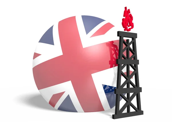 Nationalflagge des Vereinigten Königreichs auf Kugel und 3D-Modell einer Gasplattform in der Nähe — Stockfoto