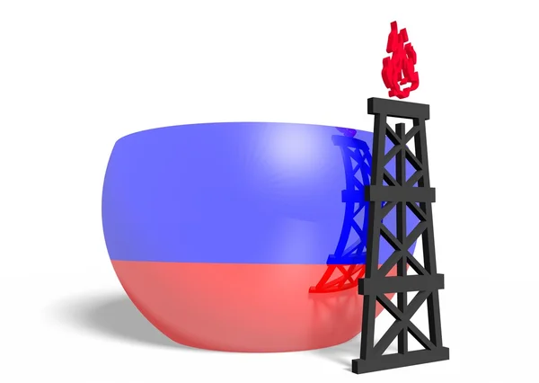 俄罗斯国旗上的球体和附近的 3d 气体钻井平台模型 — 图库照片