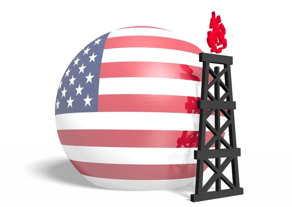 美国国旗上的球体和附近的 3d 气体钻井平台模型 — 图库照片