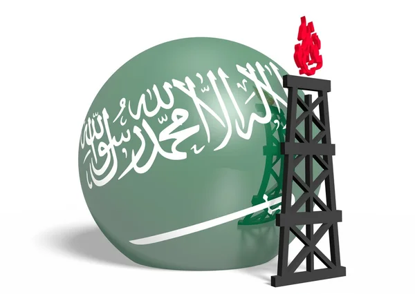 Saudi-arabische Nationalflagge auf Kugel und 3D-Modell einer Gasplattform in der Nähe — Stockfoto