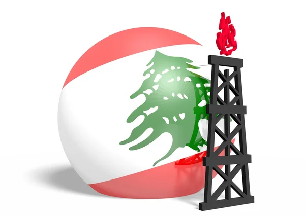 黎巴嫩国旗上的球体和附近的 3d 气体钻井平台模型 — 图库照片