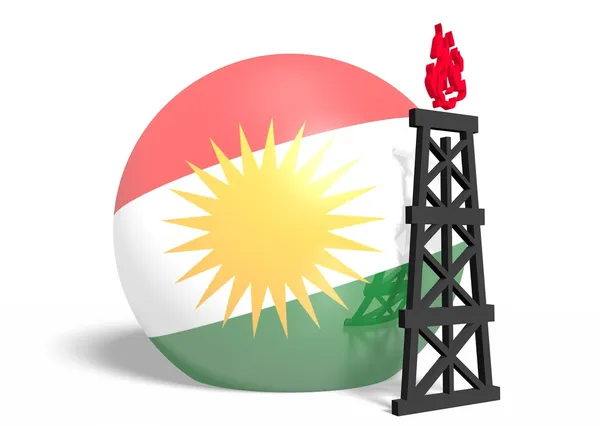 Государственный флаг Курдистана на сфере и 3D модель газовой вышки вблизи — стоковое фото