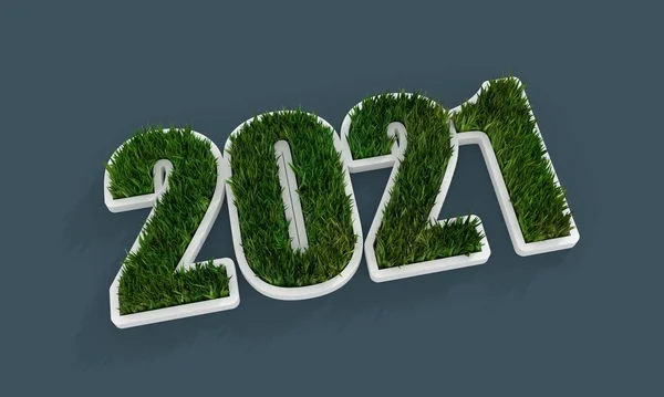 Bianco 2021 anno numero con erba verde 3d — Foto Stock