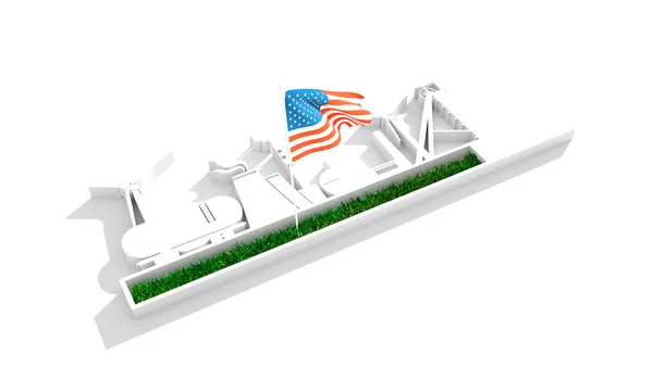 Energie en macht pictogrammen ingesteld met groen gras en vlag van de VS — Stockfoto