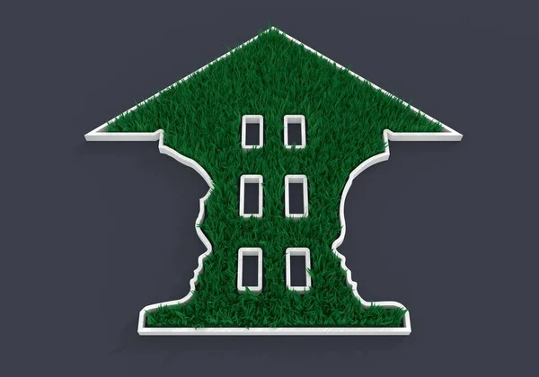 İnsan kafası yeşil çimenli bir bina silueti yapar. — Stok fotoğraf