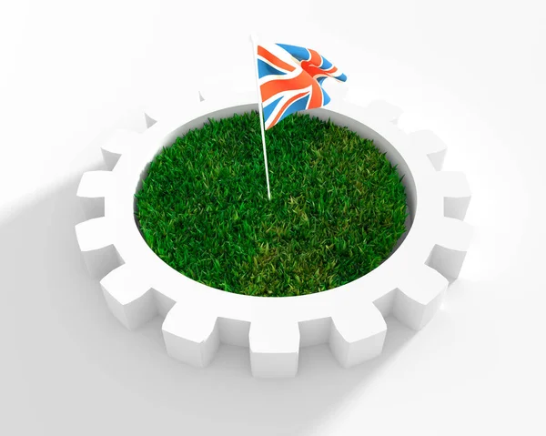 Zahnradmodell mit 3D-grünem Gras. Flagge des Vereinigten Königreichs — Stockfoto