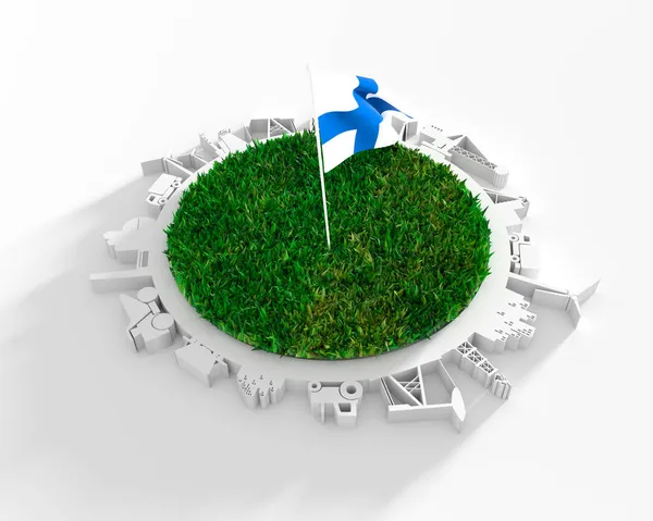 Círculo con siluetas relativas de la industria y hierba verde 3d. Bandera de Finlandia — Foto de Stock