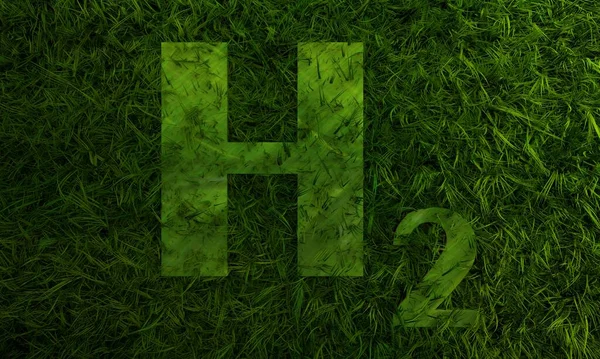 Umweltfreundliches Konzept für saubere Wasserstoffenergie. 3D-Wasserstoff-Symbol auf frischer Frühlingswiese — Stockfoto