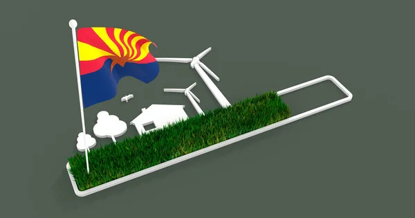 Progress vagy rakodórúd fákkal, házzal és szélturbinával. Zászló Arizona — Stock Fotó