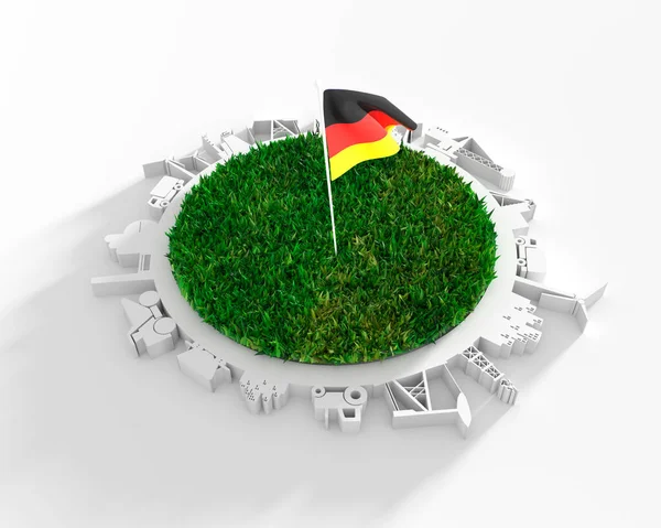 Kör ipari relatív sziluettek és 3d zöld fű. Németország lobogója — Stock Fotó
