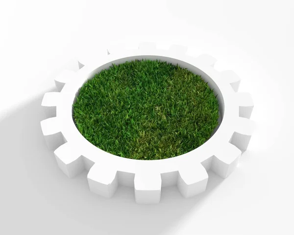 Cog wiel model met 3d groen gras — Stockfoto