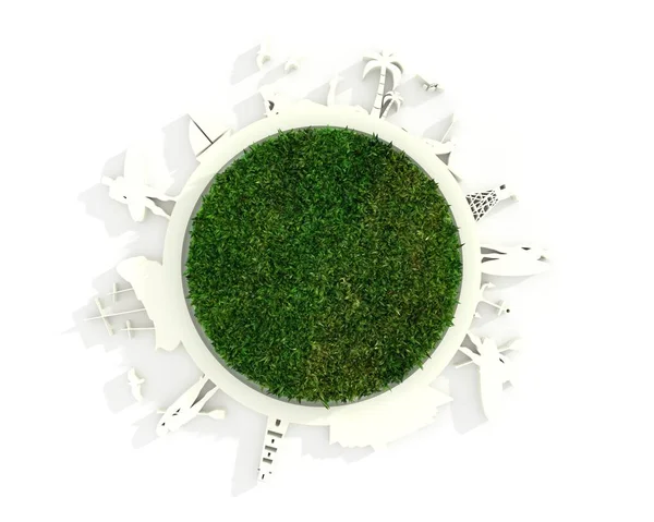 Objetos situados alrededor del círculo con hierba verde. — Foto de Stock