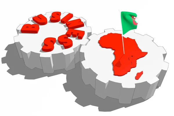 Palavra de negócio e mapa de África em engrenagens. Bandeira ondulada da Argélia — Fotografia de Stock