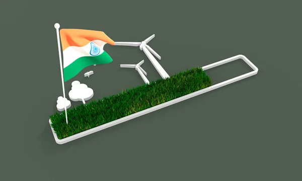 Progress or loading bar with trees and wind turbine. Flag of India — Stock Photo, Image
