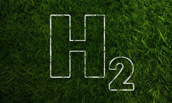 Konsep energi hidrogen bersih yang ramah. Ikon hidrogen 3d pada padang rumput musim semi yang segar — Stok Foto