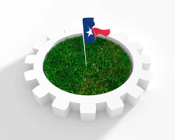Cog wheel model with 3d green grass. Flag of Texas — Stock Photo, Image